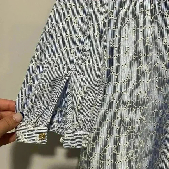 Lilly Pulitzer Willa Blue White Embroidered Eyelet Long Balloon Sleeve Top M - Picture 6 of 7
